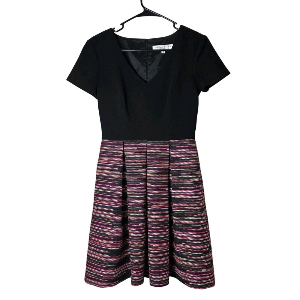 Trina Turk Mini Skater Dress Size 0 Black Multicolor Tweed Skirt Short Sleeve